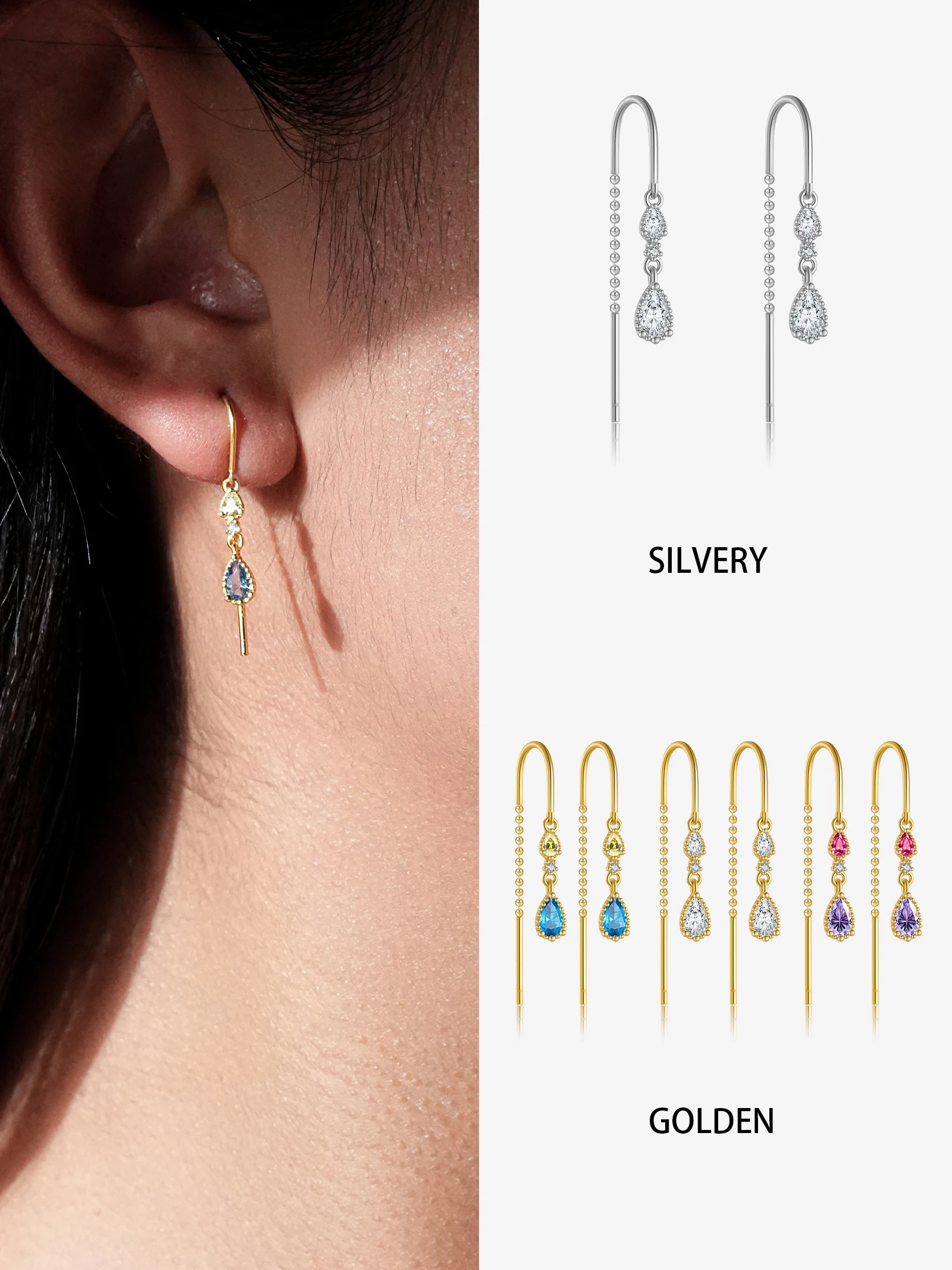 

ANDYWEN 925 Silver Color CZ Ear Threader, 3 Color Options Round & Drop, Versatile Jewelry Gift Box for Women, Daily Wear
