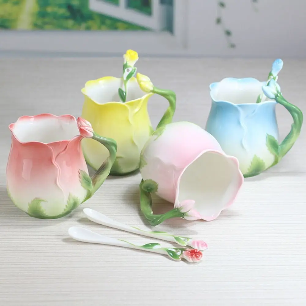 with Spoon 3D Rose Flower Coffee Mug Comfortable Handle Hand-painted Creative Ceramic Water Cups Rose Shape Realistic