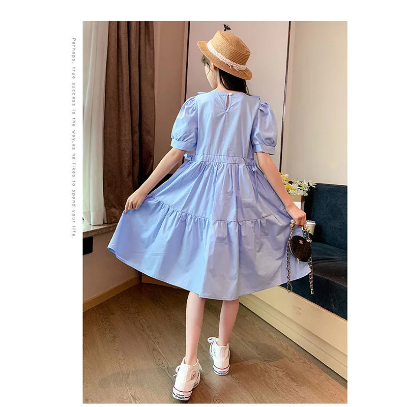 New Baby Solid Color Casual Dresses Girls Round Neck Short-Sleeved Long  Dress Summer Thin Children's Fashion Simple Frock 4-14Y - AliExpress 1501