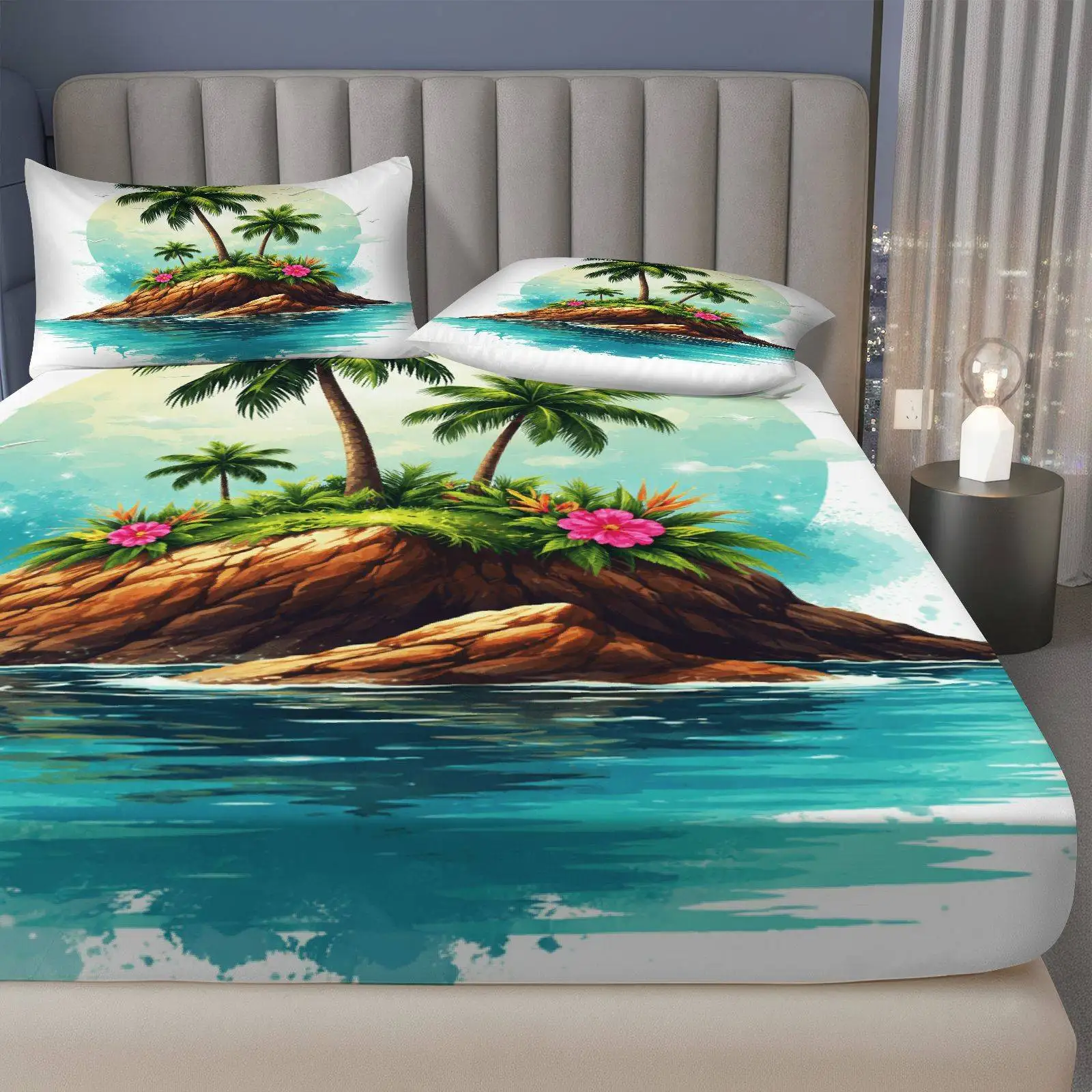 Tropical Island Paradise Bed Sheet Set, Summer-Themed Beach Style Bedding Set with Bed Sheet and Pillowcases, Three-Piece Bedding Set (includes 1 bed sheet + 2 pillowcases), 3-Piece Set, Large-Capacity Deep Pocket 2D Printed Bed Sheet and 2 Pillowcases, Bedding Mattress Protector, Elastic-Fitted Bed Sheet, Protective Cover, Mattress Protector, Suitable for All Seasons, Machine Washable Design, Holiday Decoration, Various Sizes, Breathable Protective Cover with Pillowcase