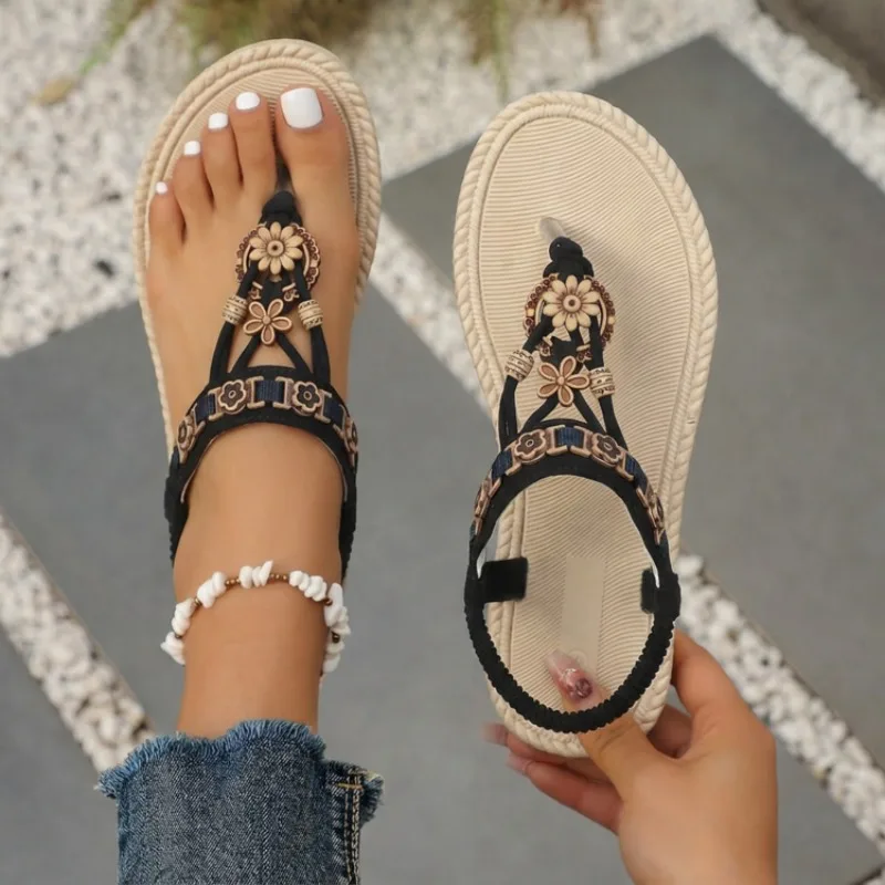 2026 Plus Size Bohemian Style Flat Sandals for Women Summer Casual Comfortable Beach Shoes Femme Soft Boottom Footwear