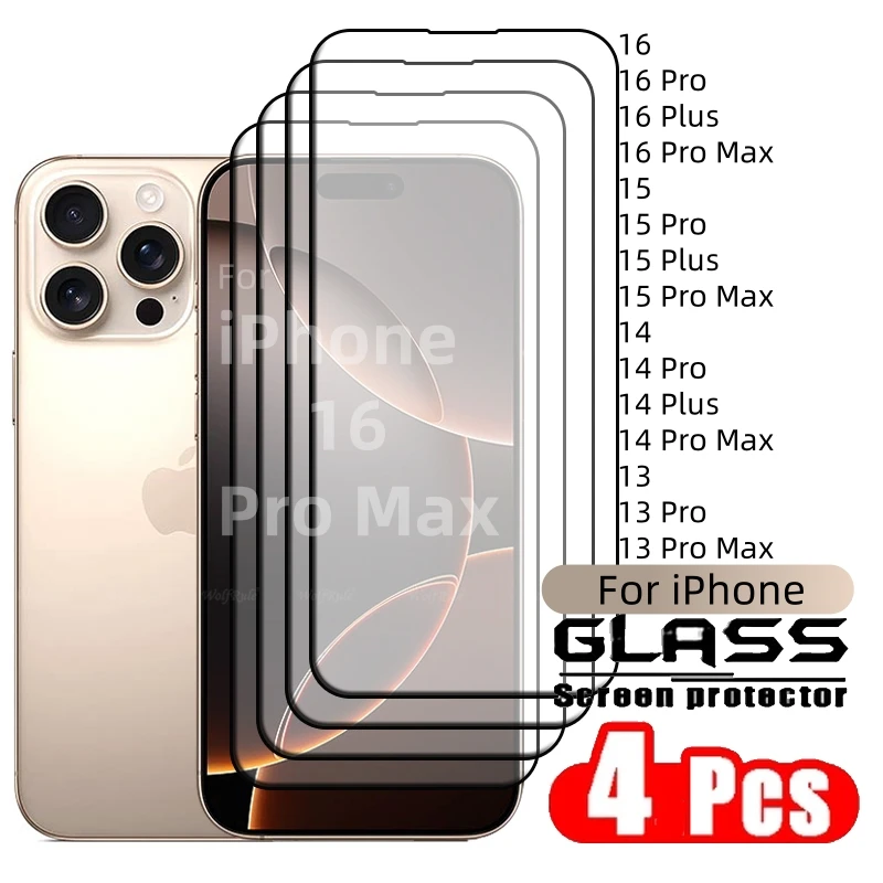 4pcs สําหรับ iPhone 16 PRO MAX แก้ว iPhone 16 15 14 13 PRO MAX กระจกนิรภัยเต็มรูปแบบกาว 9H ป้องกันหน้าจอ iPhone 16 PRO MAX