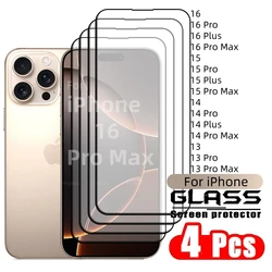 4 pezzi per iPhone 16 Pro Max vetro iPhone 16 15 14 13 Pro Max vetro temperato copertura completa colla 9H protezione schermo iPhone 16 Pro Max