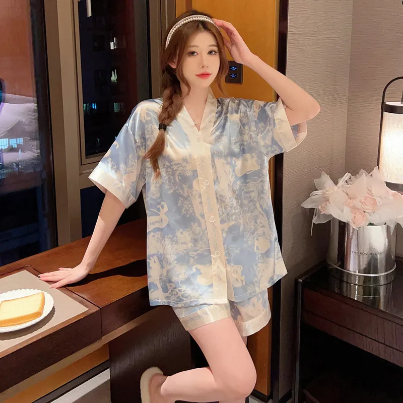 3XL Large Size Print Two-Piece Pajamas Set Women Summer Satin Silky Short-Sleeved Shorts Pjs Korean Student Teenage Homewear