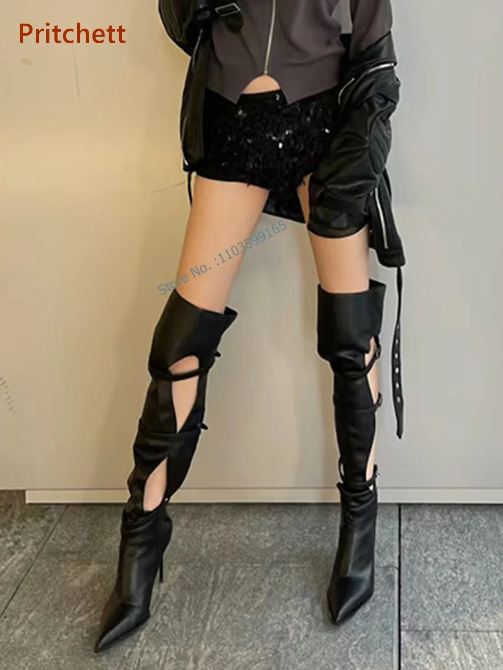 

Solid Hollow Out Knee High Boots Pointy Toe Thin Heel Belt Decoration Buckle Strap Runway Boots Black Diablo System Hottie Shoes