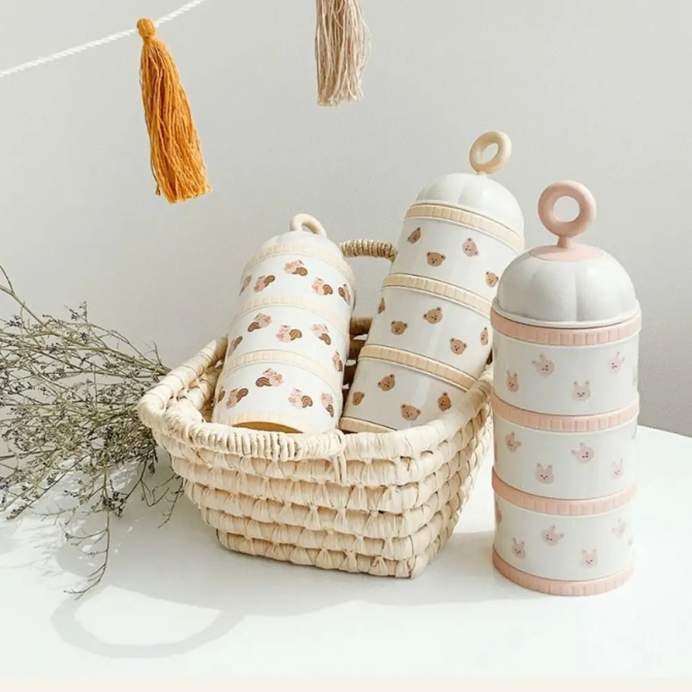 

3 Layers Baby Milk Powder Box Cartoon Bear Compartment Kids Snack Container Non-Spill Tulip Portable Formula Dispenser Room