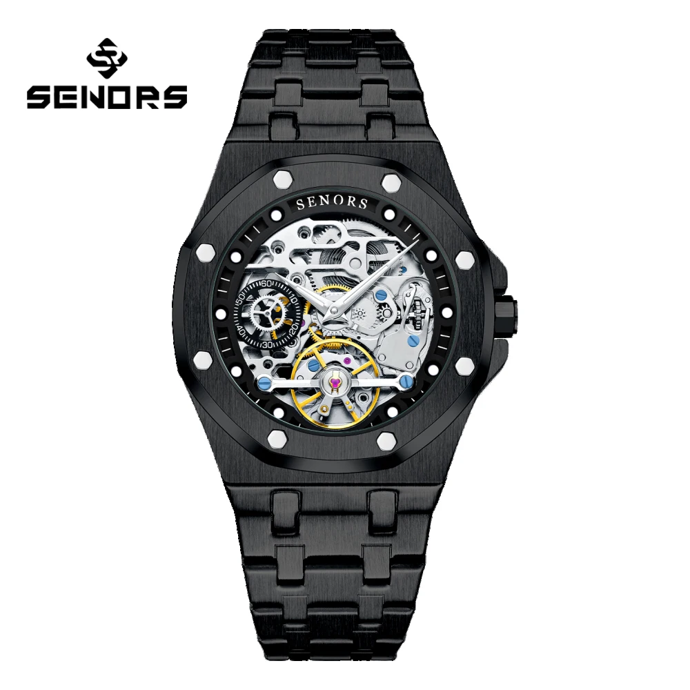 SENORS SN206 Men`s Watch Automatic Sapphire Glass Mechanical Watches Men 316L Skeleton Clock Hollow out Tourbillon Watch 3ATM