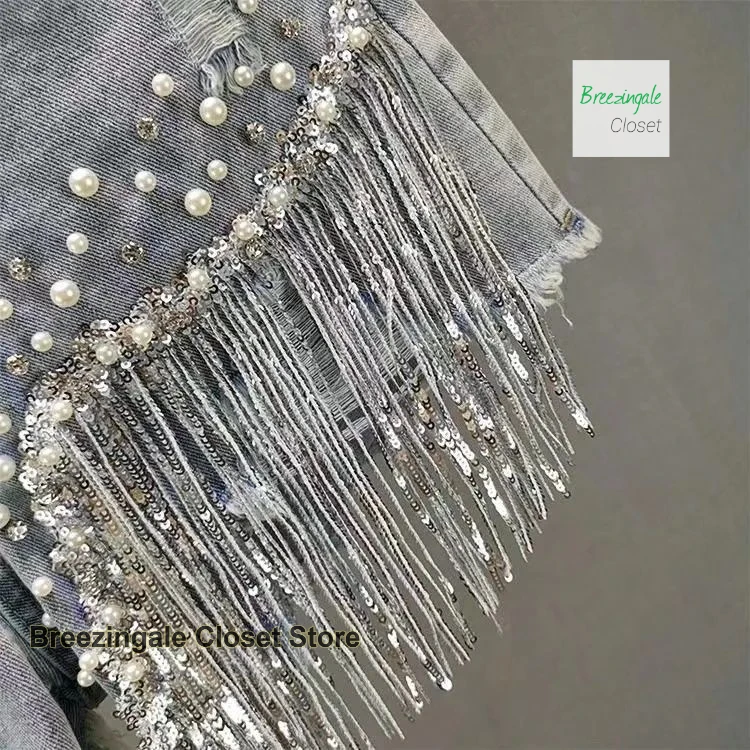 American heavy industry full rhinestone denim shorts women's summer new high waist fashion slim beaded tassels ripped jeans.