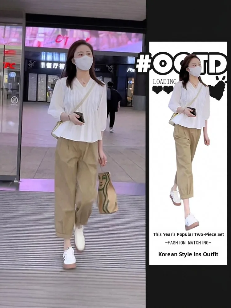 

White Casual Shirt And Pants Set Summer 2025 New Style Tea System Matching plus Size Slimming Two Piece Set for Women