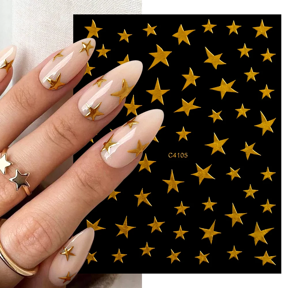 Decalcomanie per unghie con stella irregolare argento laser abbronzante 3D Effetto metallico Decalcomanie per unghie con pentagramma argento Adesivi adesivi per stelle per nail art