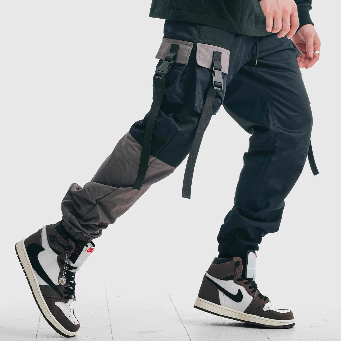 Hop Hip Casual Trousers Techwear Cargo Pants Men Patchwork Ribbons Tactical Functional Joggers Pants Streetwear