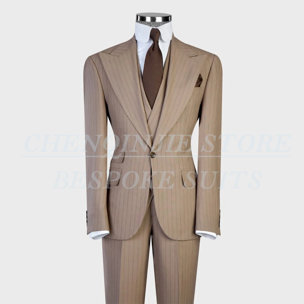 

One-Button Suits For Men 2026 Pinstripe 3 Piece Jacket Pants Vest Slim Fit Male Clothing Evening Blazer Costume Homme