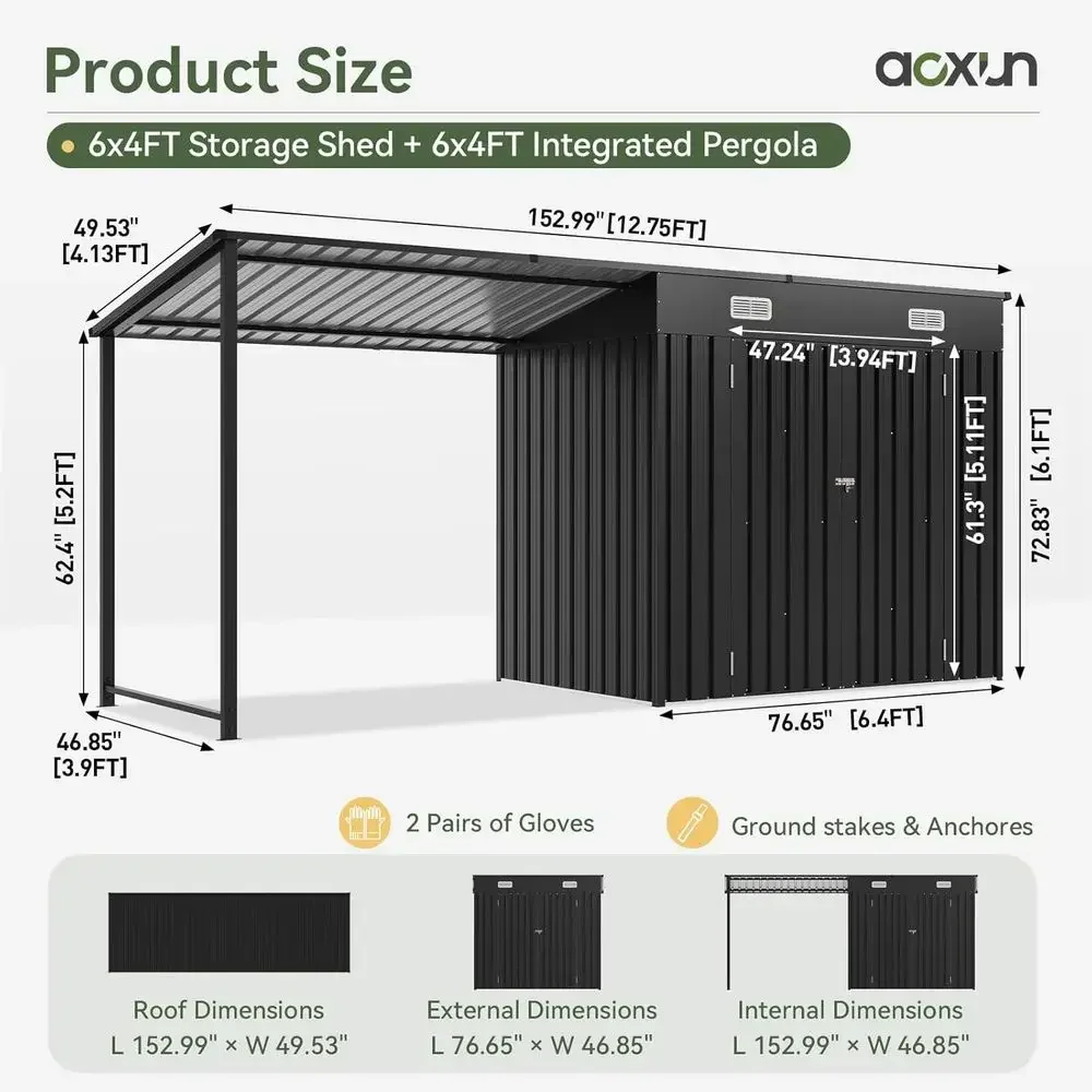 Outdoor Storage Shed & Hardtop Gazebo Combo, 12x4 Metal Lean-to Shed with Open Pergola, 2-in-1 Garden Tool Shed or Patio Shelter