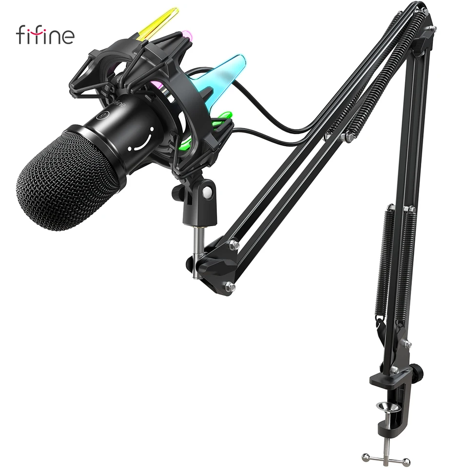FIFINE USB Dynamic Microphone Kit with Boom Arm,RGB Shock Mount