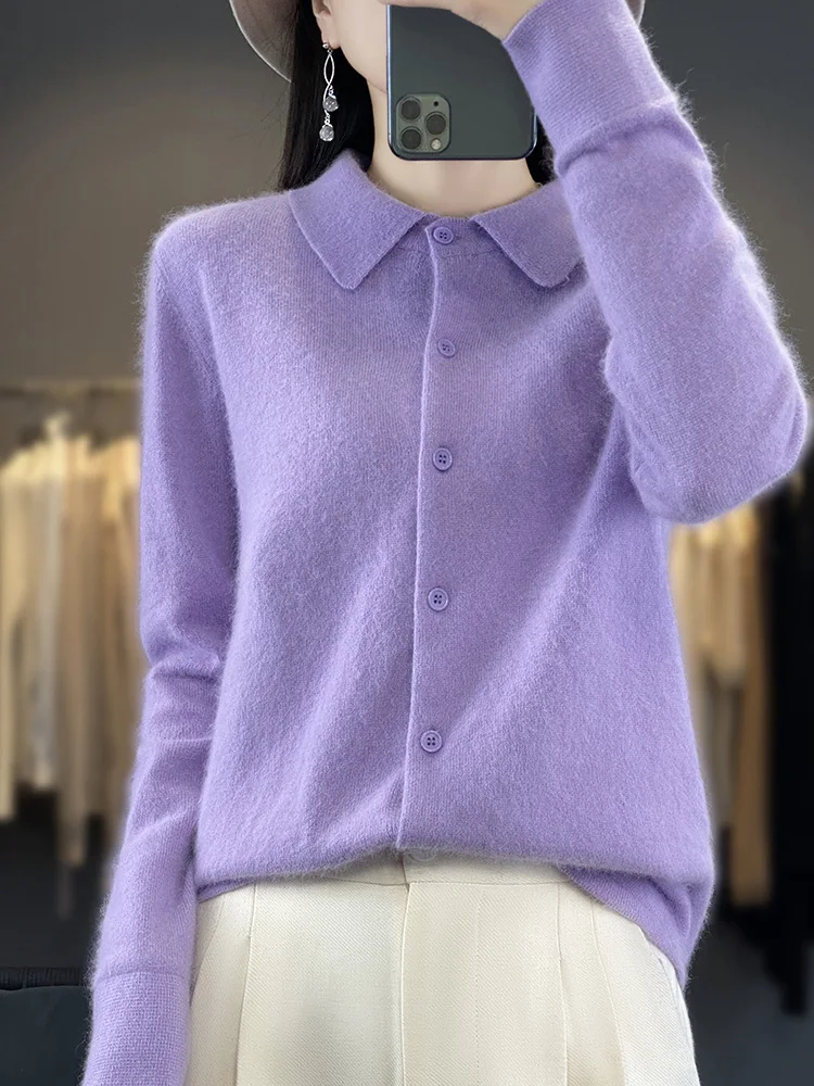 

Long Sleeve Women Sweater Autumn Winter 100% Mink Cashmere Cardigan Solid Polo-Collar Cashmere Knitwear Korean Fashion Tops New