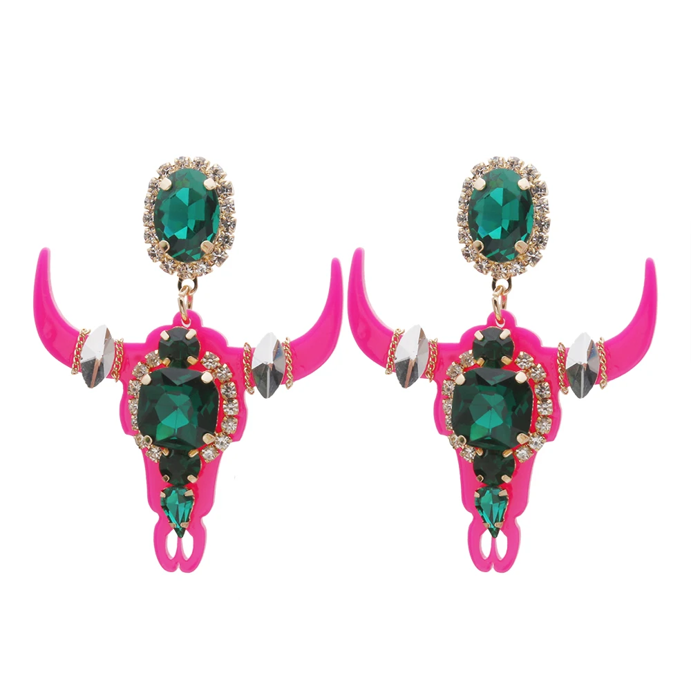 New Gothic Bull Personality Oxhorn Orange Rose Earrings Resin Glass Woman Crystal Large Brinco Ear Oorbellen Wholesale gift
