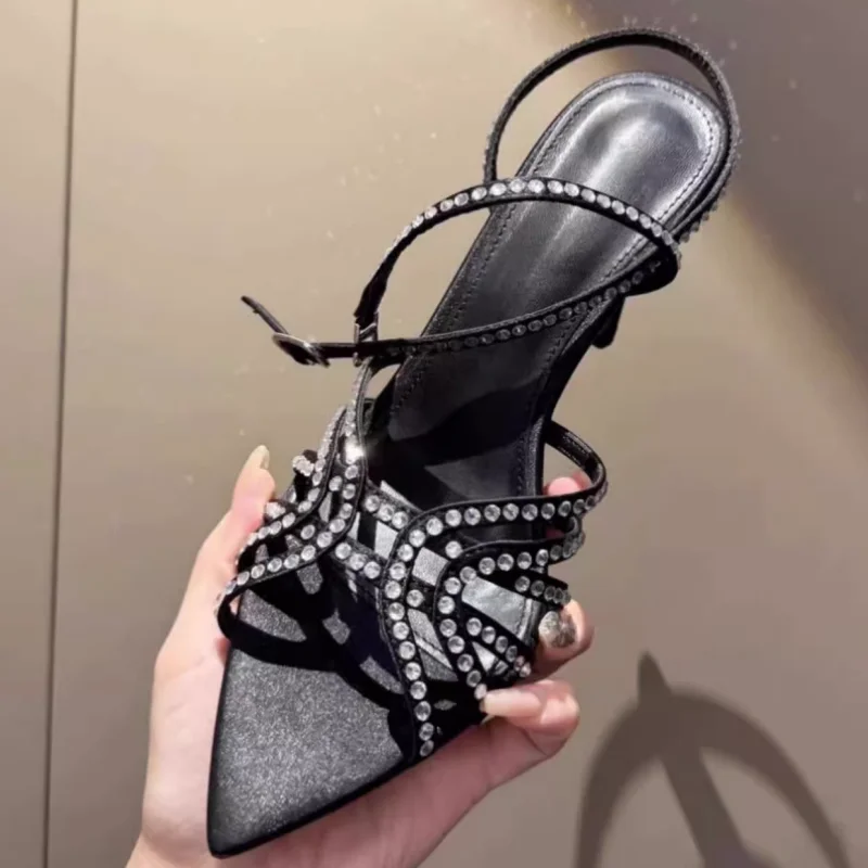 

Новые полые летние женские босоножки на высоком каблуке, роскошные туфли на шпильке со стразами, открытый универсальный ремешок на щиколотке, банкетный высокий каблук