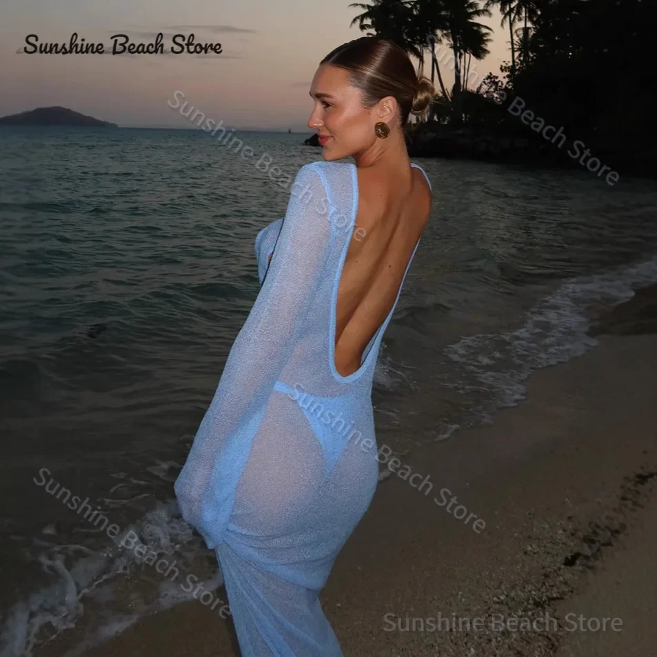 

Summer Knit Hollow Out Long Dress Backless See-Through Long Flare Sleeve Holiday Beach Maxi Dresses 2025 New Lady Slim Cover Up