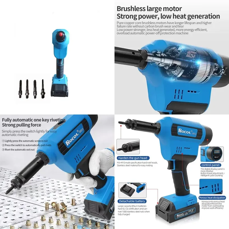 ROCOL RL-860 20V Industrial Grade Brushless Battery-Powered Electric Rivet Nut American Size Mandrels Sheet Metal