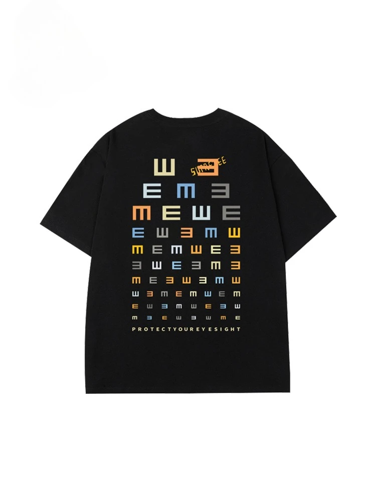 تي شيرت أصلي مطبوع عليه مخطط الرؤية برقبة دائرية وأكمام قصيرة للرجال مقاس كبير تي شيرت فضفاض مصنوع من القطن الخالص للصيف