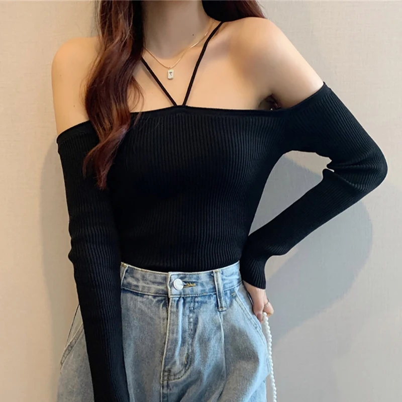 Cropped Sweaters Without Shoulder Halter Sweater Slim Long Sleeve Top Female Black Knitted Tops Solid Girl Winter Woman Clothes