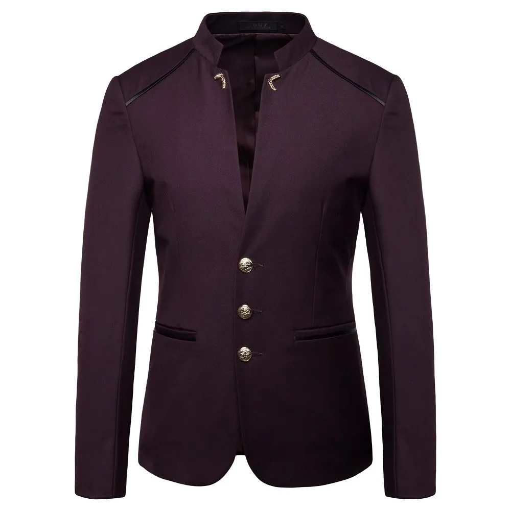 Men Blazer Coat 2023 Spring New Fashion Button Decorative Chinese Style Slim Fit Stand Collar Solid Color Suit Jacket