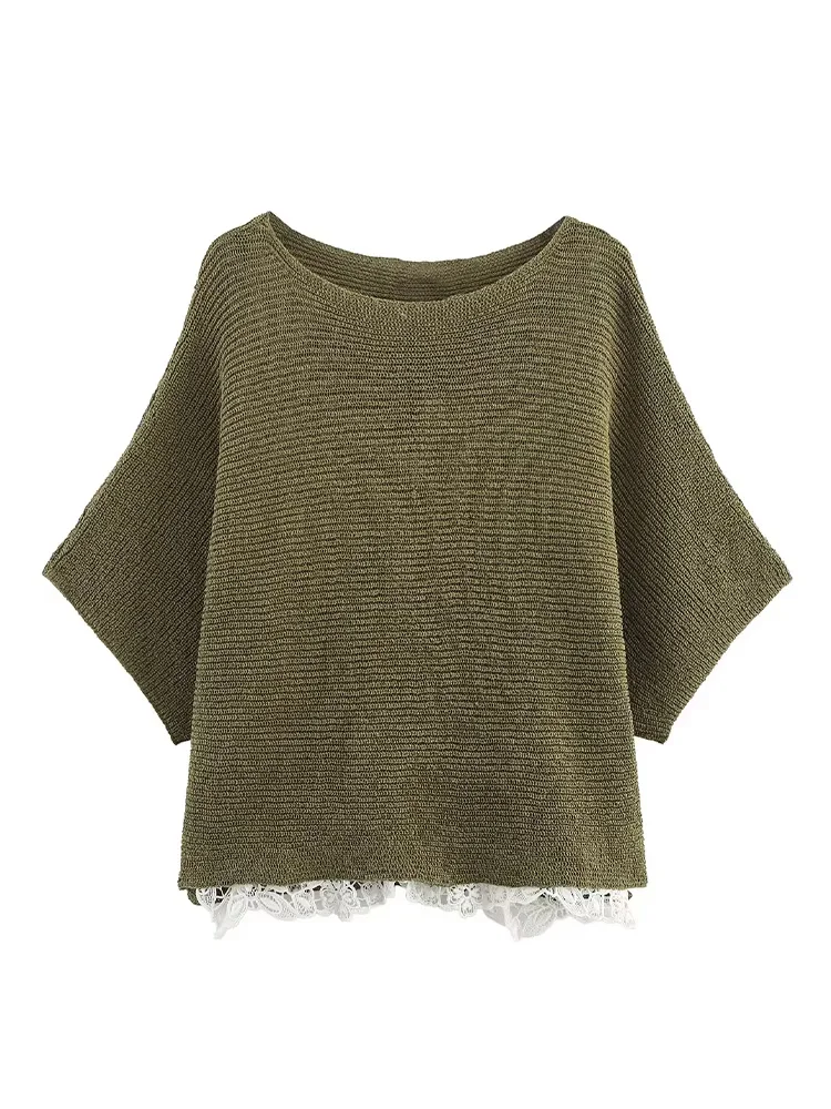 

HH женский осенний модный однотонный вязаный топ с круглым вырезом и короткими рукавами, женский шикарный кружевной свободный повседневный топ с украшением