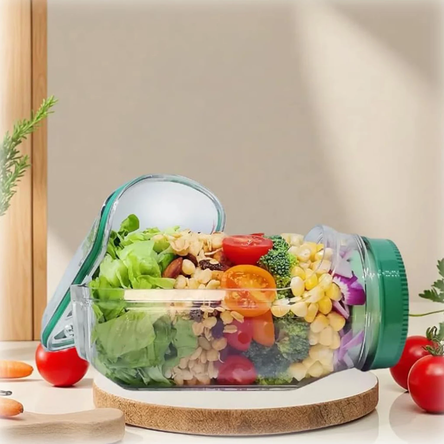 Leakproof Plastic Salad Box Container with Side-opening Cover, Portable Breakfast Fruit Storage Box for Picnic Home Office