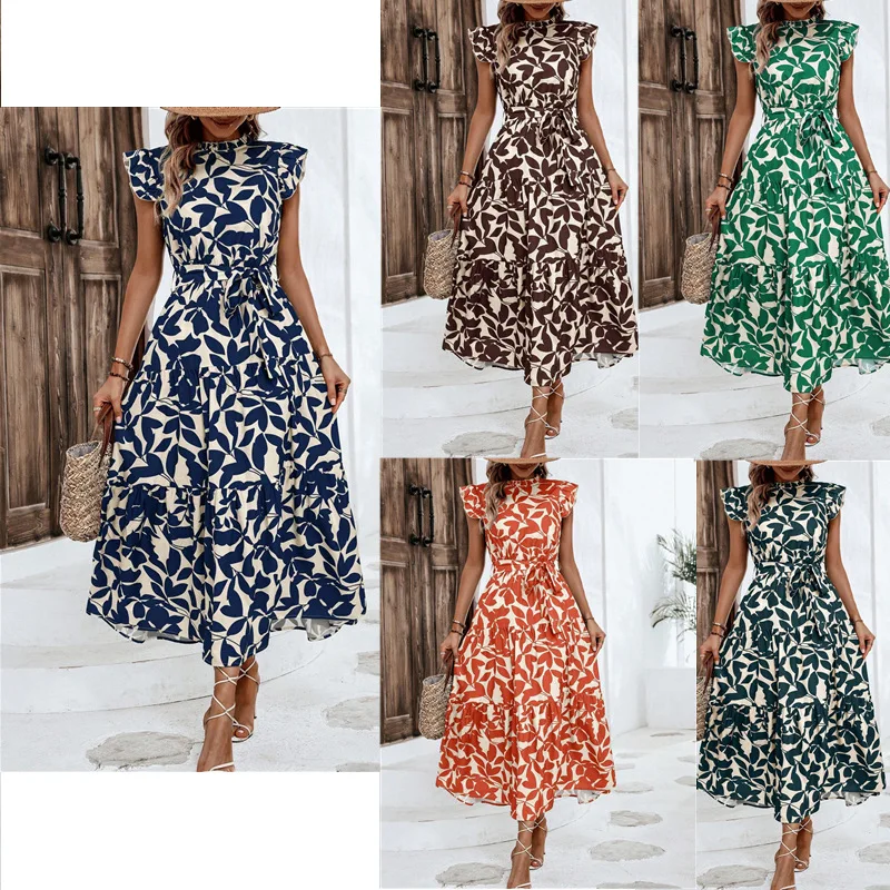 

Elegant Women's Flower Midi Dress New Summer Fashion Stand Collar Flying Sleevel Lace Up Dress Casual Beach Holiday Dresses Robe