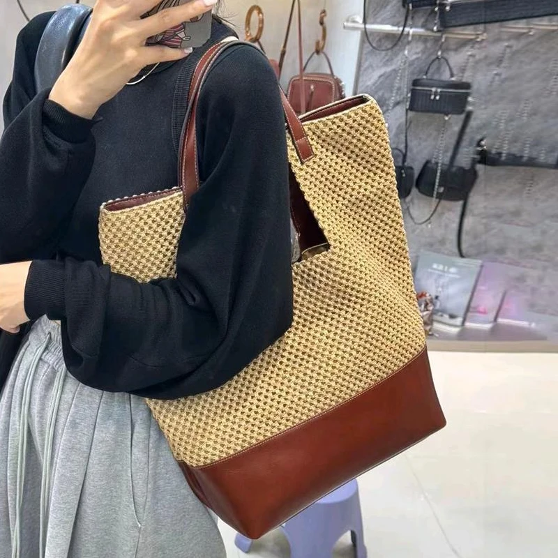 England Style Straw Tote Bags For Women Luxury Designer Handbag Purses 2024 New Large Capacity With Inner Pocket Beach Shoulder