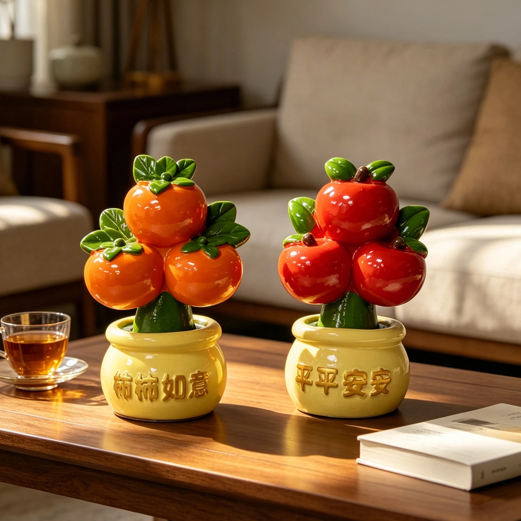 Persimmon Resin Ornament for Good Luck, Apple Resin Statue for Peace and Prosperity, Home Entryway Tv Cabinet Tabletop Decoration, Company Front Desk Store Cash Register Wealth-Attracting Decoration, Symbolizing All Th