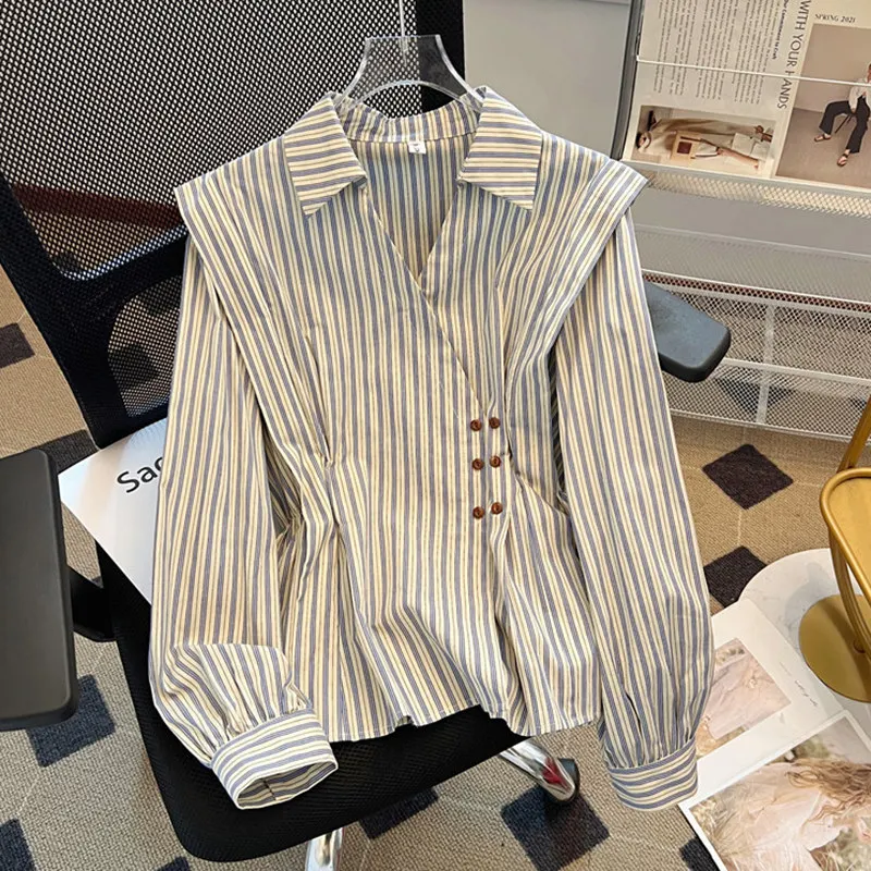 2026 New French Striped Wrap Shirt Women Spring Autumn Lazy Waist Tie Blouse Elegant Commuter Casual Top