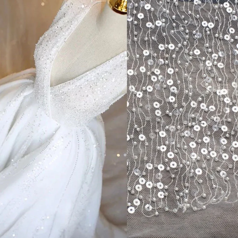 Heavy Industry translucent beaded glitter mesh gauze material fabric wedding dress clothing beaded glitter fabric