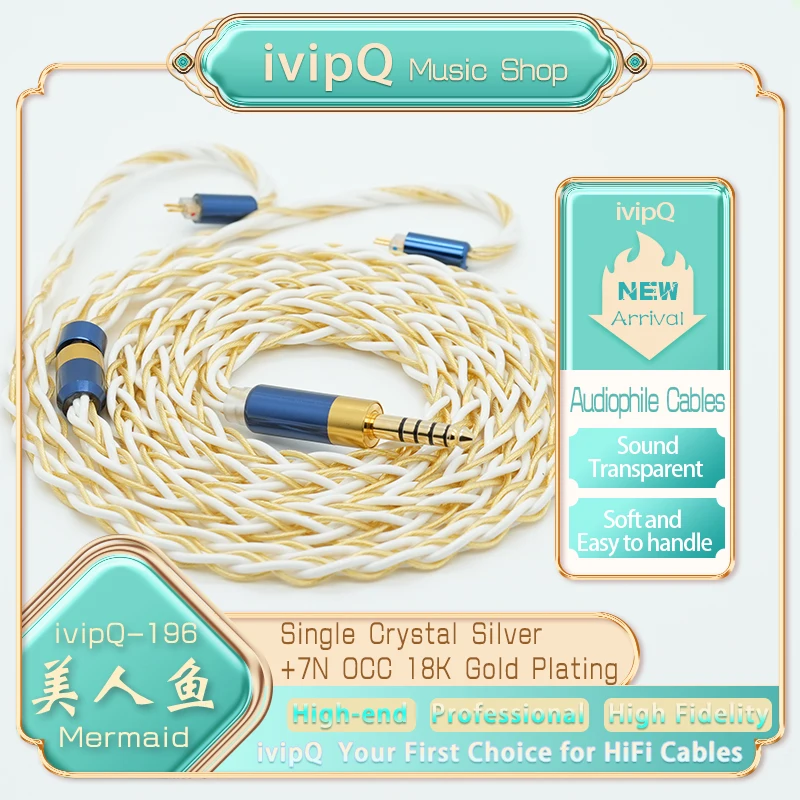 ivipQ-196 Mermaid Liquid Nitrogen Single Crystal Silver 18K 7N OCC Gold Plating HiFi Earphone Upgrade Cable with 2Pin IE900 MMCX