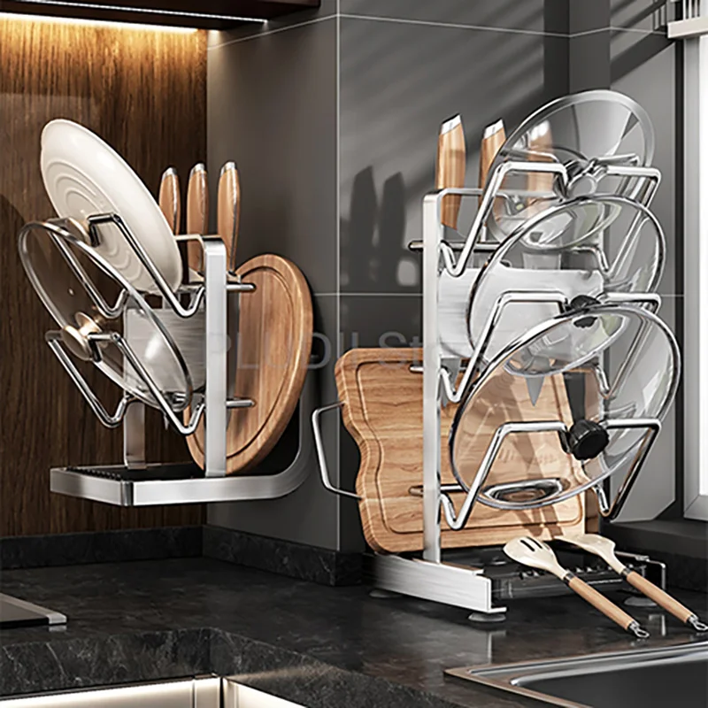 

Stainless Steel Kitchen Pot Lid Rack Multifunctional Wall-Mounted Cutting Board Holder Kitchenware Storage Rack No Drilling