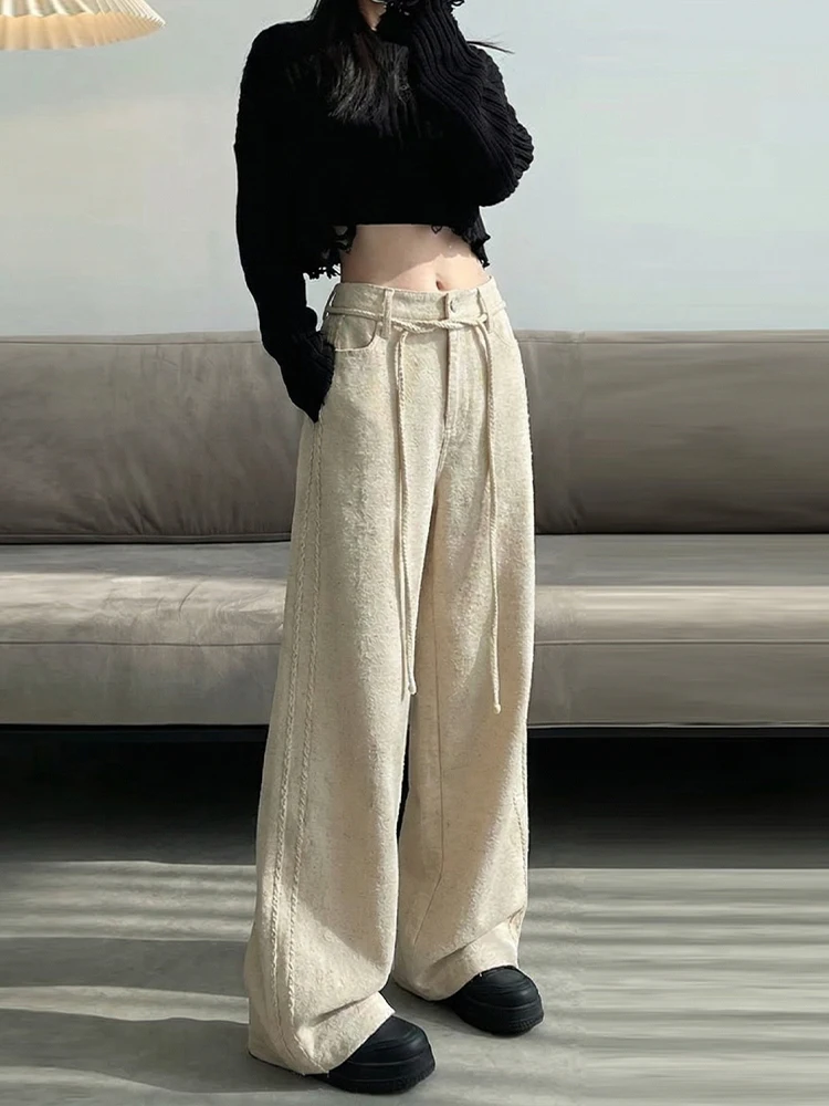 

Retro American Casual Pants Women's Early Spring New Splicing Flower Bud Waist Dstring Wide Leg Loose Straight Floor-Lengt...