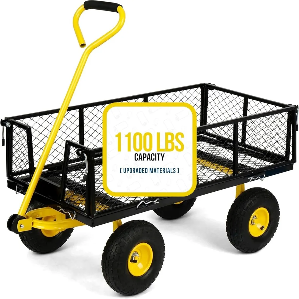 

1100 Lbs Capacity Mesh Steel Garden Cart Folding Utility Wagon Yard Cart with Removable Sides and Large Wheels