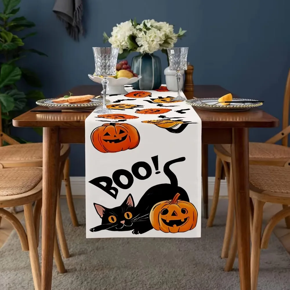 Pumpkin Black Cat Table Runner Halloween, Funny Indoor Outdoor Decor for Kitchen Dining and Party Occasions