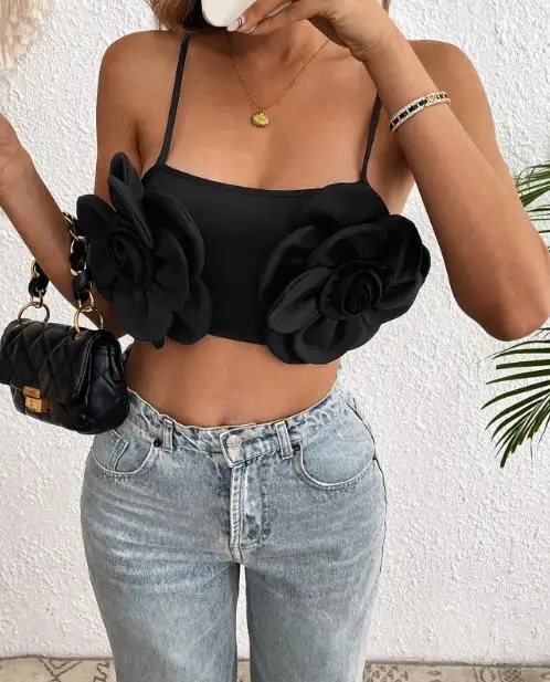 2025 Новая персонализированная эластичная женская сексуальная черная майка с 3D цветком