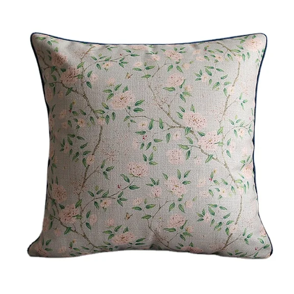 Reversible 45x45cm Cushion Cover Retro Cotton-Linen Floral Front & Deep Blue Velvet Back, Elegant Piped Edge Pillowcase for Home