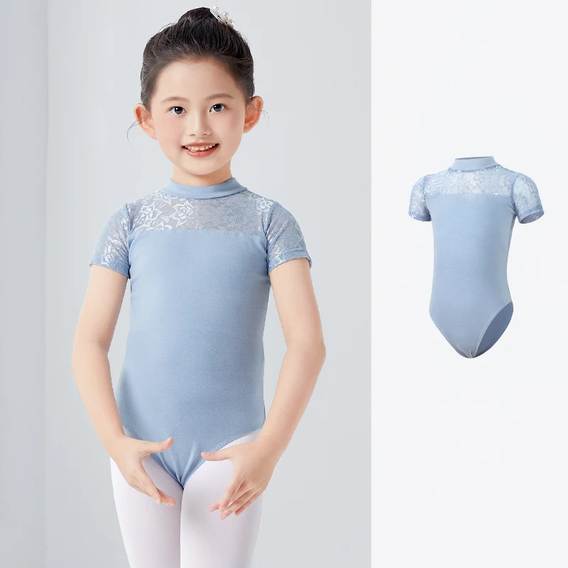 Ballet Turnpakje Voor Meisjes Kids Kanten Opstaande Kraag Gymnastiek Bodysuit Zwart Dance Turnpakje Met Korte Mouwen Tienerbadpak - afbeelding 1