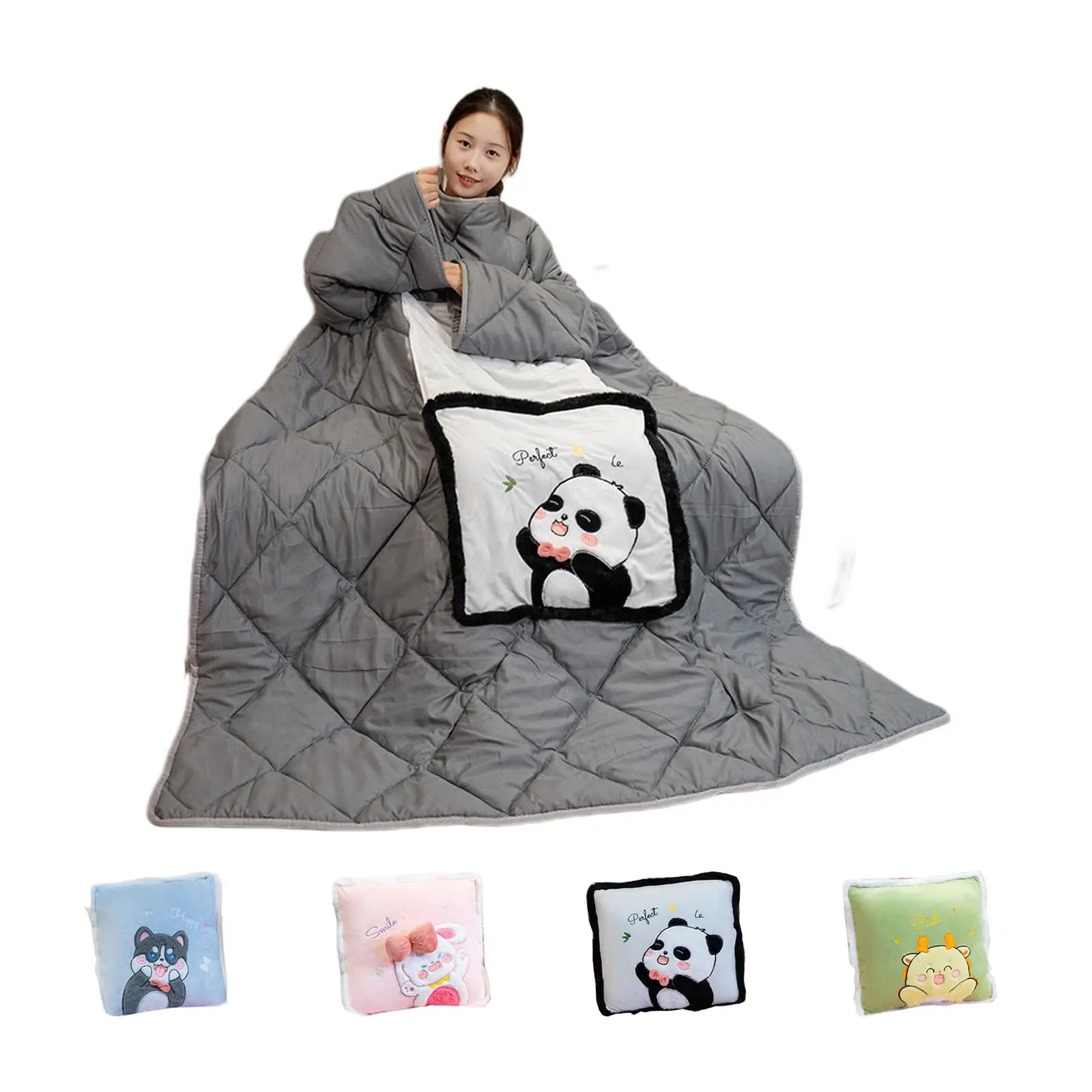 Lazy Quilt with Sleeves Winter Thick Warm Wearable Blanket for Men and Women, Removable Single Person Comforter for Office Sleep