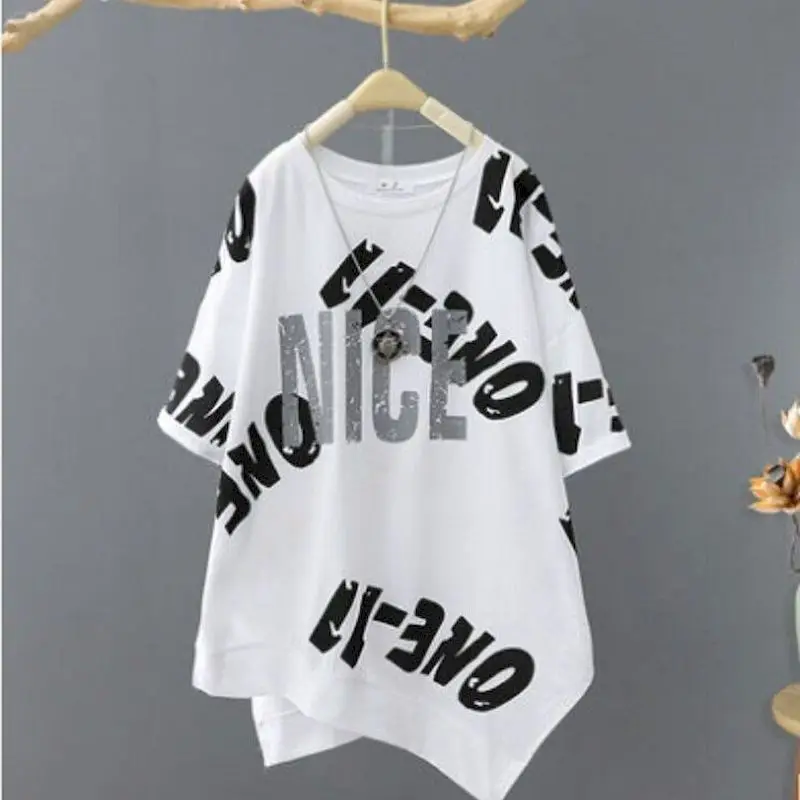 Fashion 100% Cotton T Shirt Women Literary Letter Print Short-sleeved T-shirt Women\'s Irregular Hem Bottoming Shirt Loose Summer