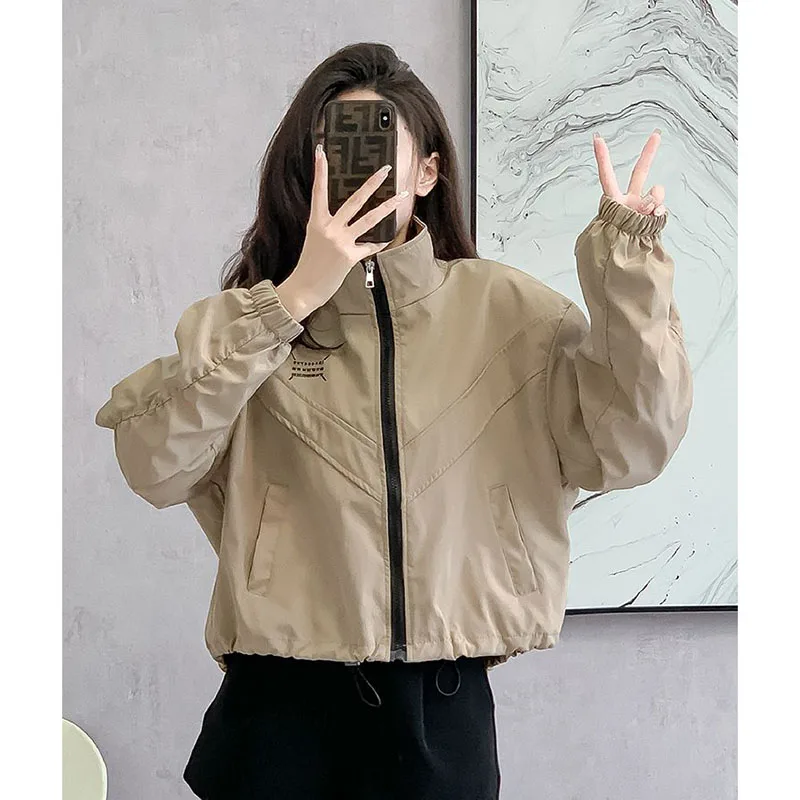 

Новая модная женская укороченная кофта с воротником-стойкой, свободного кроя, с завязками на талии, для невысоких женщин, весна-осень 2026