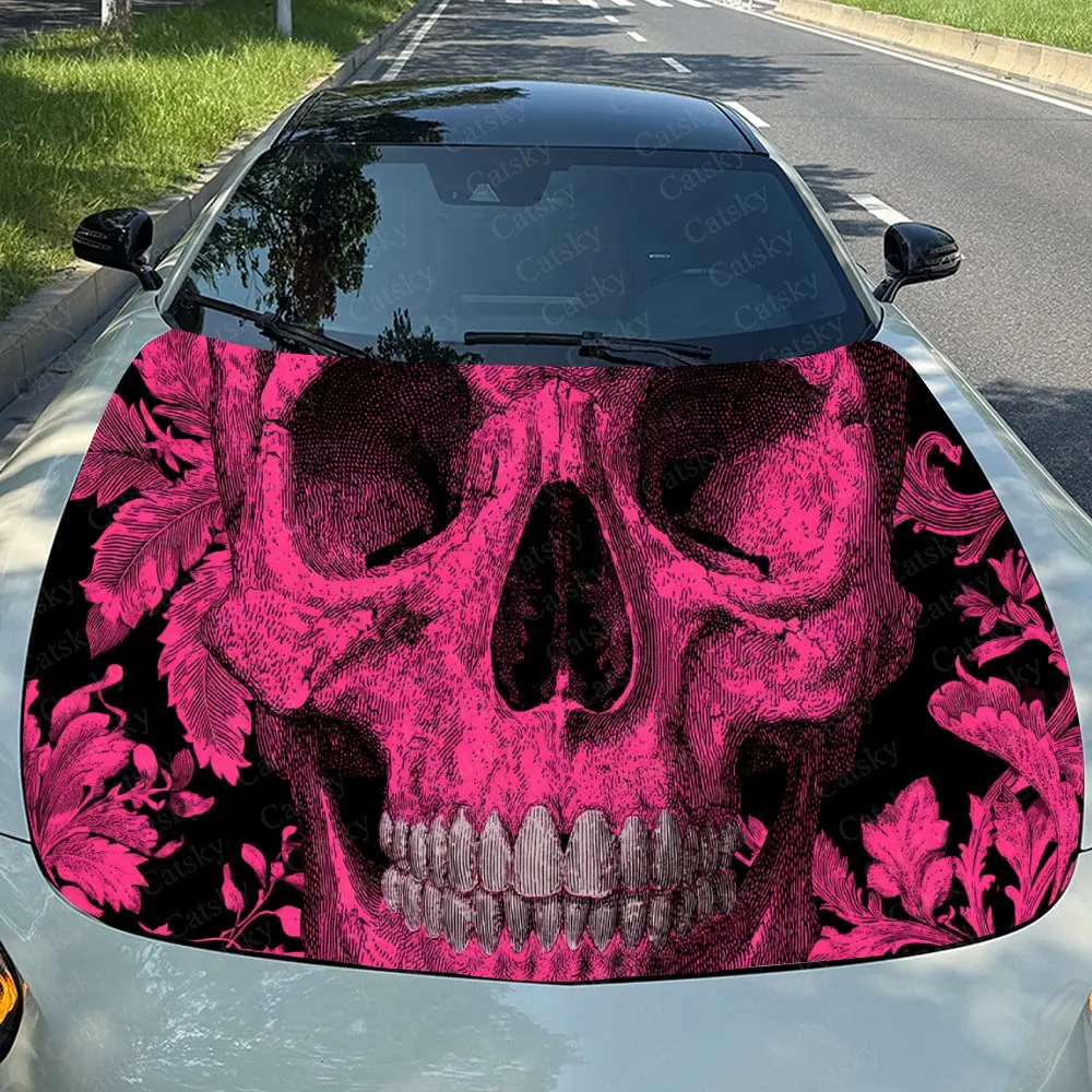 

Автомобильная наклейка Череп с розовым цветочным элементом Художественное плавление в жирном готическом дизайне, создание жирного и яркого визуального капота автомобиля Stic