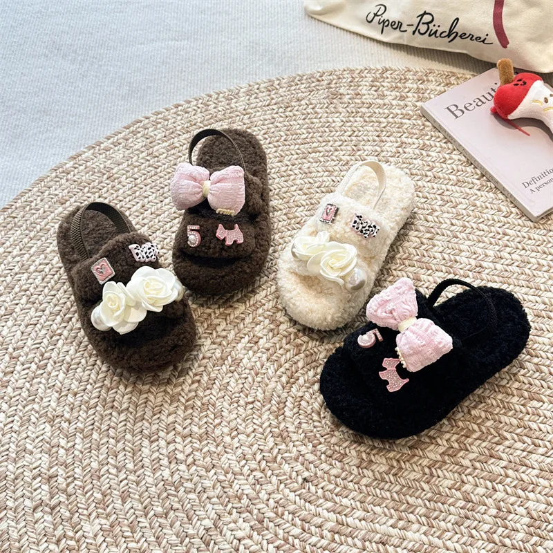 

Girl' Princess Cotton Slippers Autumn Winter Non Slip Comfort Warm One Word Slippers Lightweight Soft Sole Bow Knot Plush Shoes