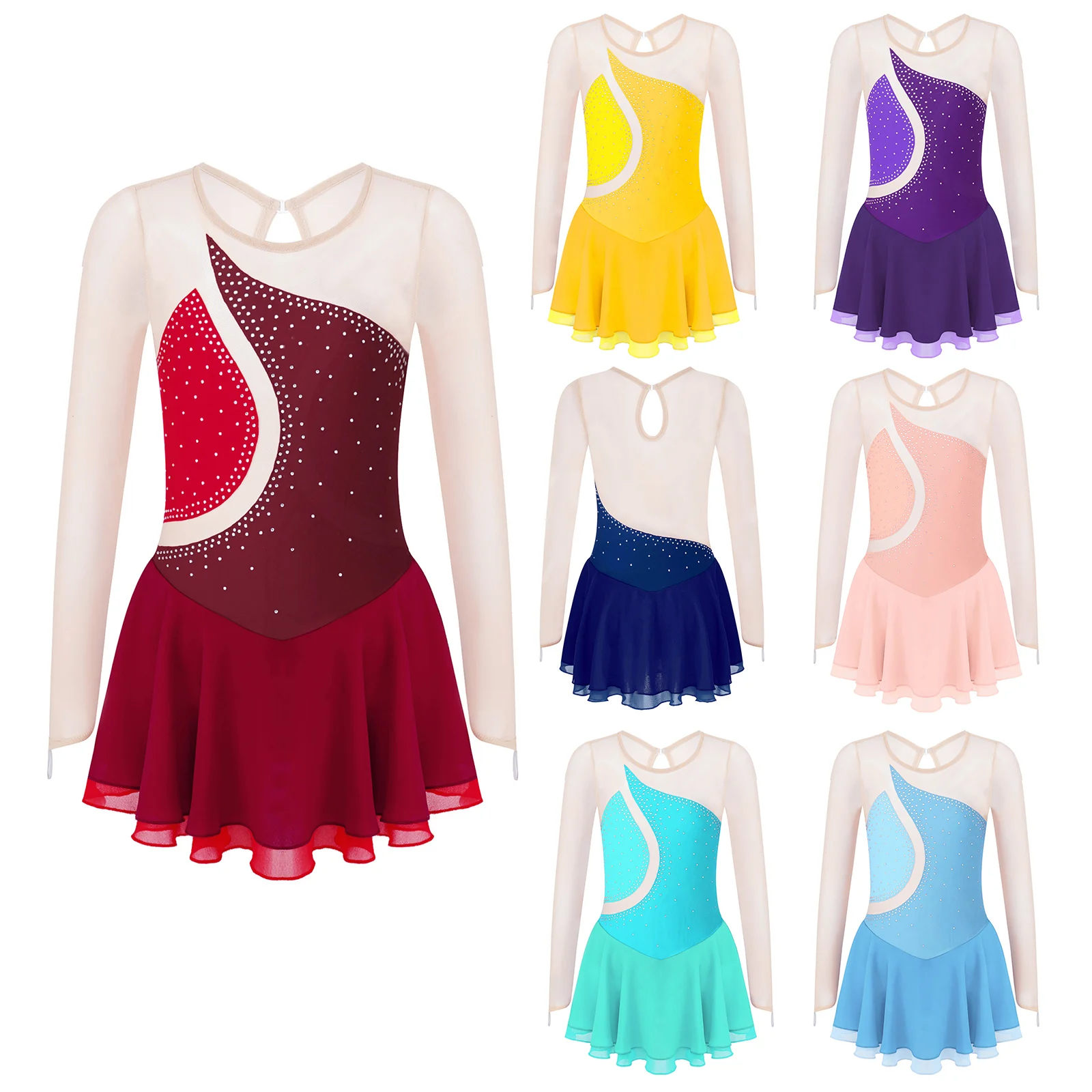 Figure Skating Dress for Girls Long Sleeve Rhinestone Mesh Dance Dresses Gymnastics Leotards Ballet Tutu Performance Costume