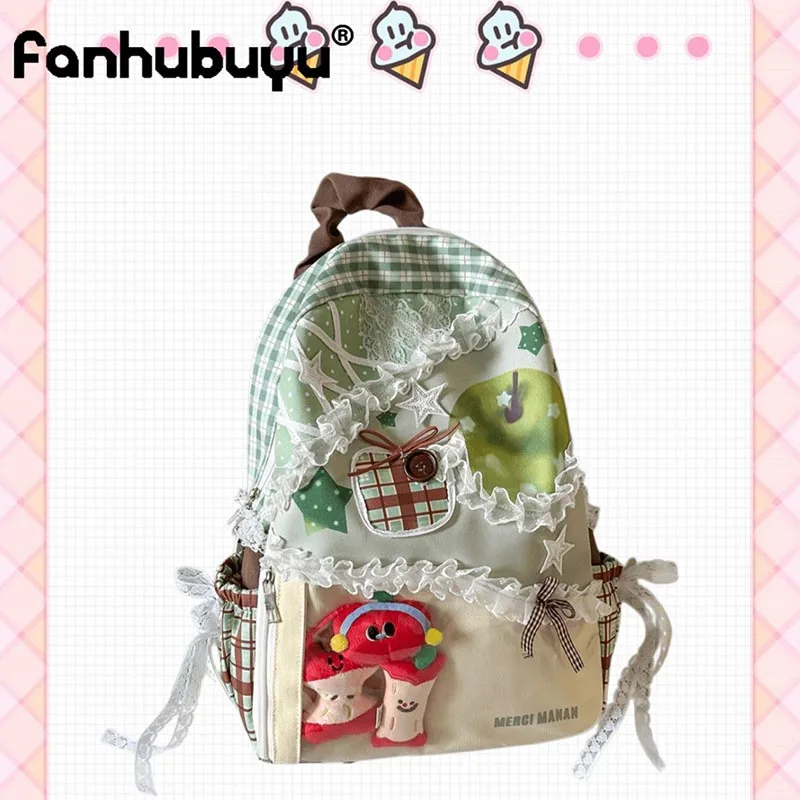 Ita Bag Y2K Sweet Lolita Backpack Cartoon Red Apple Gingham Lace Bow School Bag Clear Window Anime Pin Display Backpacks Daypack