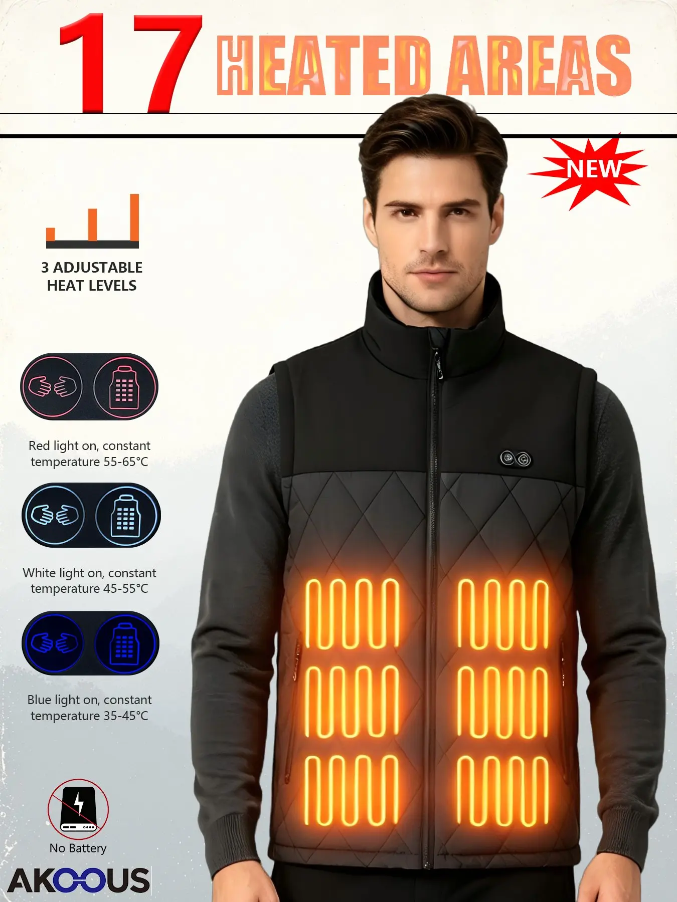 Men's Heated Vest 17 Heating Zones 3 Heat Control Quilted Warm Gilet Stand Collar Outdoor Camping Fishing Ski Thermal Waistcoat