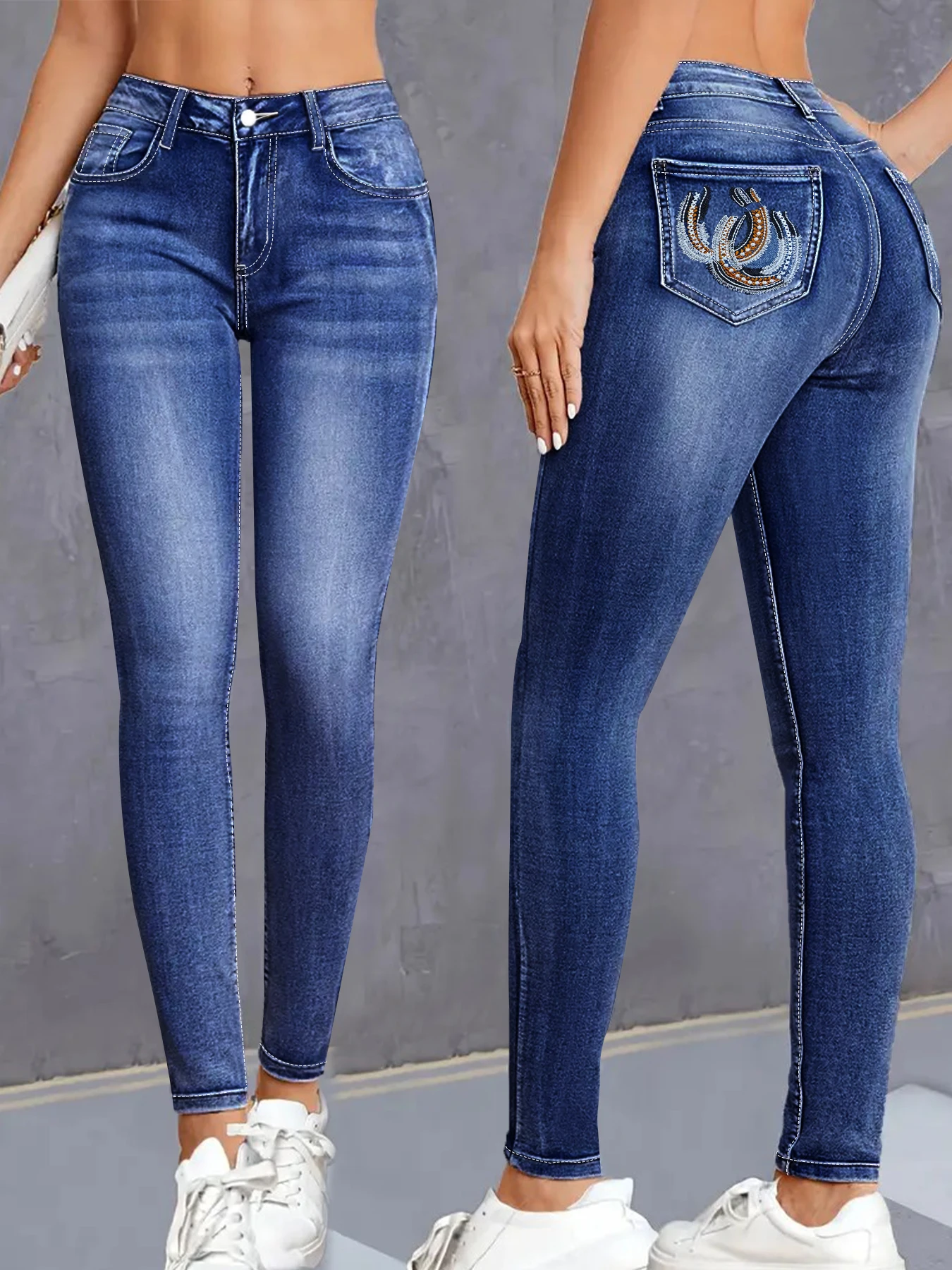 جينز عالي الخصر مقاس كبير، أزرق داكن، مناسب للتخسيس والترشيح، يتميز بتطريز حدوة الحصان. #5